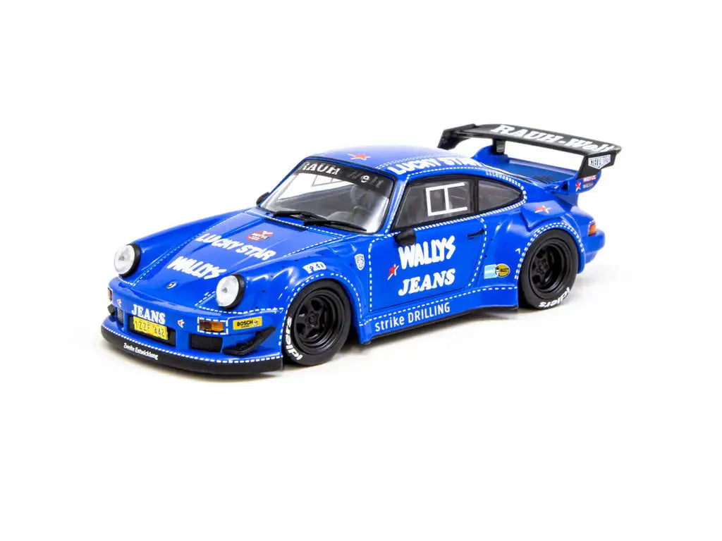 Tarmac Works RWB 930 Wally's Jeans Porsche model, 1:43 scale, front view.