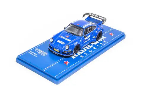 Tarmac Works RWB 930 Wally's Jeans Porsche model, 1:43 scale, rear view.