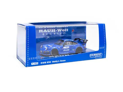 Tarmac Works RWB 930 Wally's Jeans Porsche model, 1:43 scale, side view.
