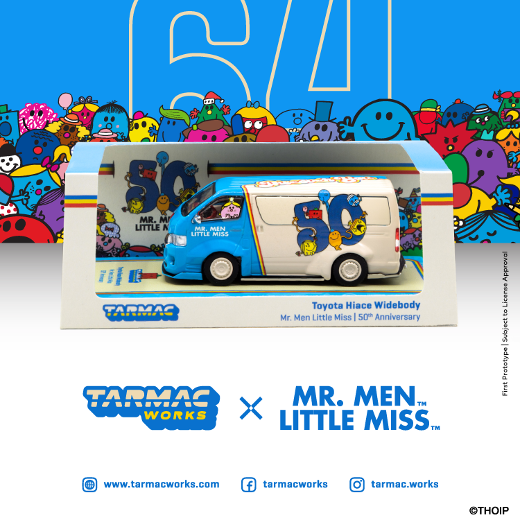 Tarmacworks 1:64 Toyota Hiace Widebody
Mr. Men Little Miss 
50th Anniversary
With metal oil can
*** Collaboration with Mr. Men Little Miss ***