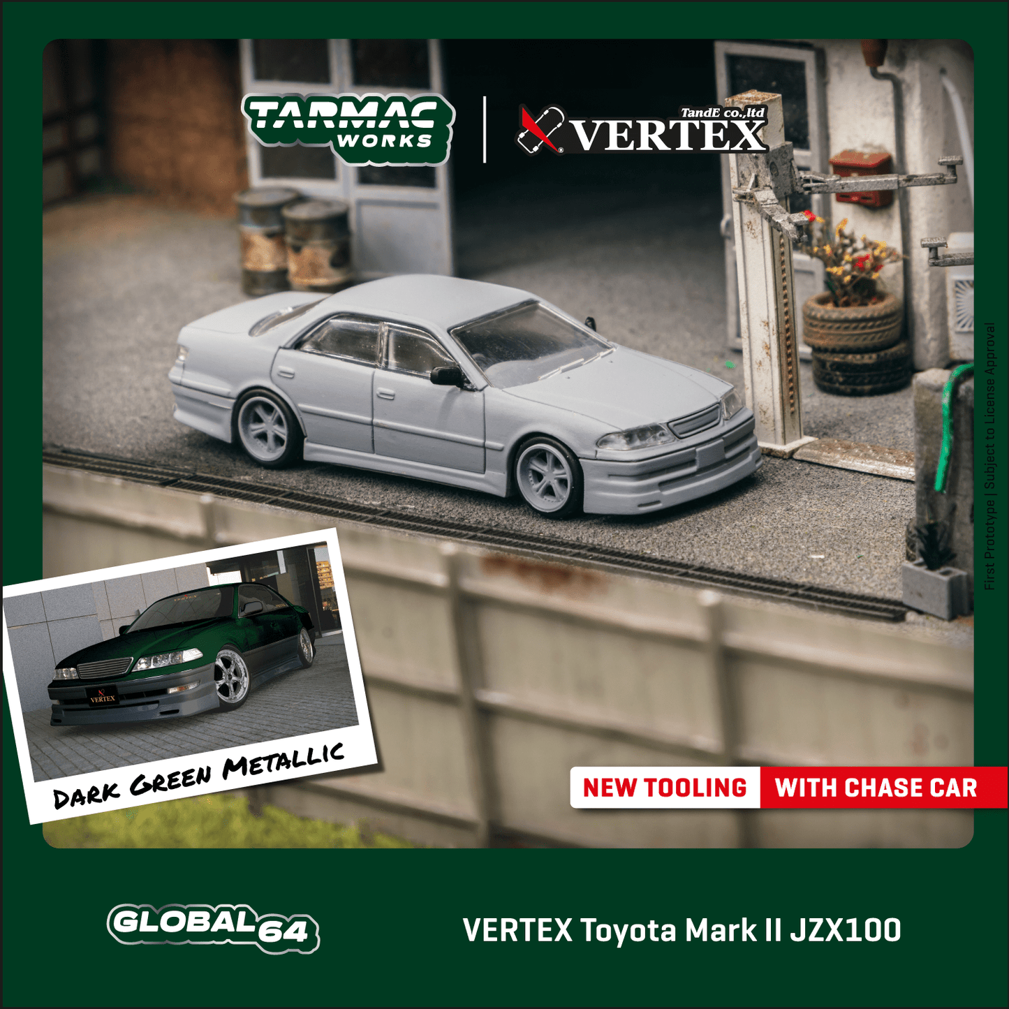Tarmac Works x VERTEX Toyota Mark II JZX100 Dark Green Metallic