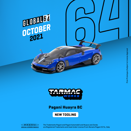 Tarmac Works Pagani Huayra BC
Blu Francia / Black
1:64 Scale