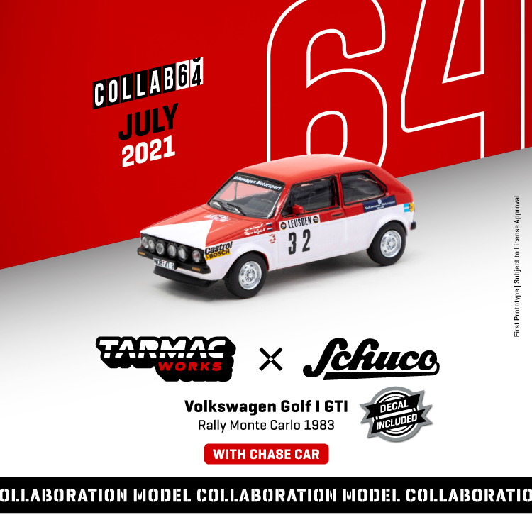 Tarmac works x Schuco 1:64 Scale Volkswagen Golf I GTI 
Rally Monte Carlo 1983
Decal included Tarmacworks